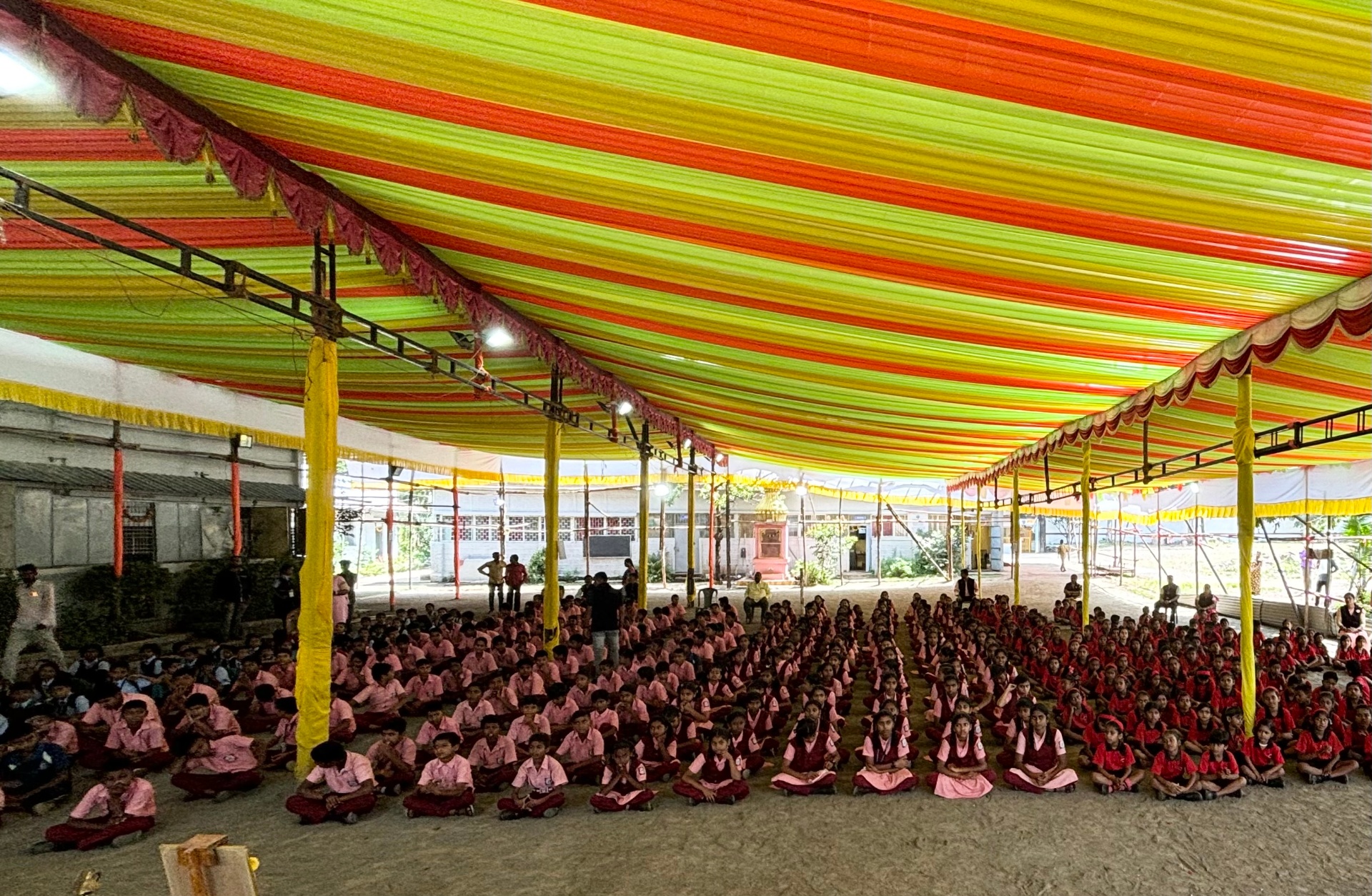 Students gathered for the school supply distribution